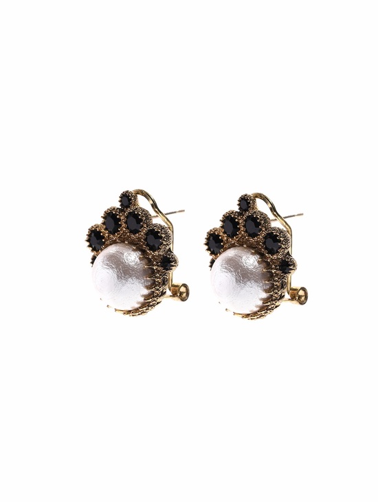 Jewelry - Gold Pearl and Black Crystal Clip-On Earrings